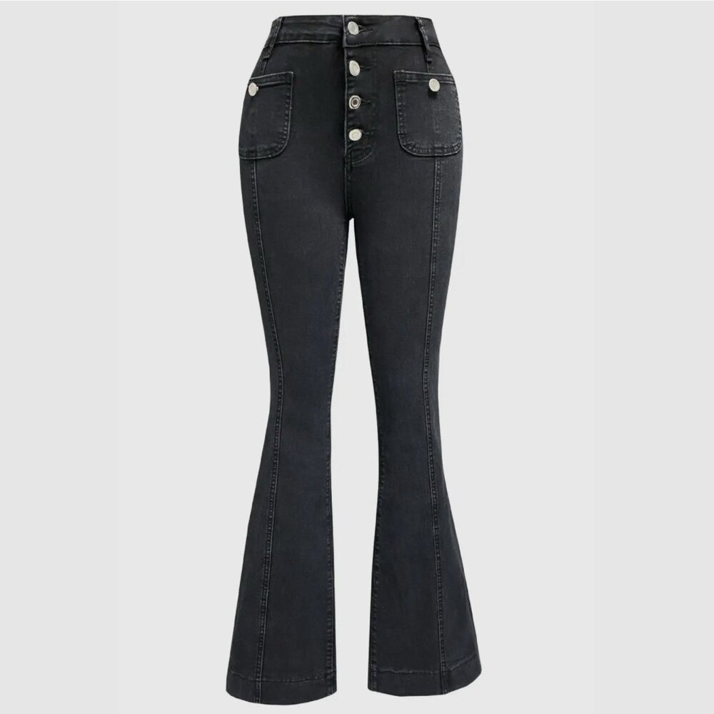 Women Flared Black Jeans Size L High Waist Button Closure Front pockets Stretch - Picture 4 of 7